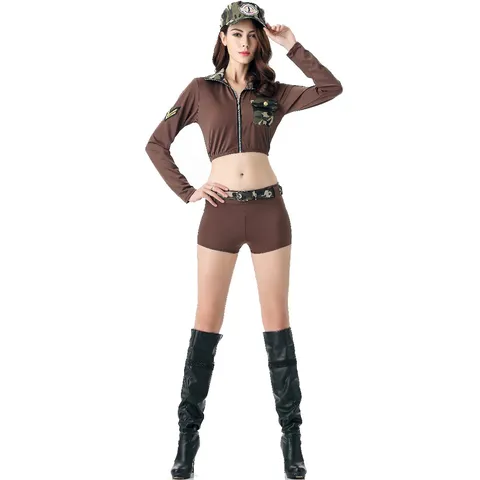 Costume de Jeu de Rôle Pilote Camouflage pour Femmes Top Et Bottom Avec Chapeau Pour Halloween Spectacle Fête