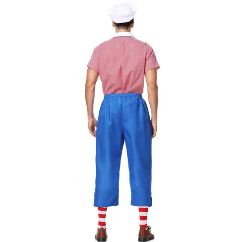 Costume de Cosplay pour Hommes Haut et Bas Style Raggedy Andy Chemise à Carreaux Pantalon Bleu Ensemble Nœud Papillon Chapeau