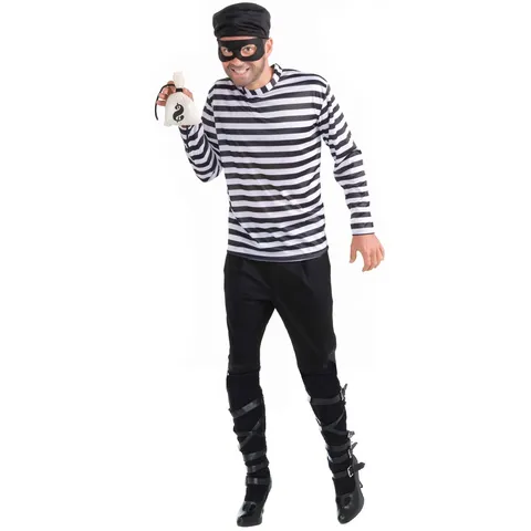 Women Men Striped Thief Burglar Cosplay Costume Set Halloween Party Top And Bottom With Mask Hat Money Bag Accessory Outfit