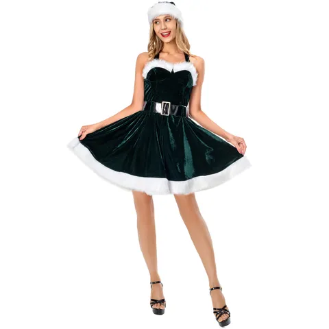 Damen Weihnachtskostüm Set Rot Grün Samt Trägerloses Minikleid Mit Kunstpelzbesatz Gürtel Weihnachtsmütze Für Party Bühnenperformance