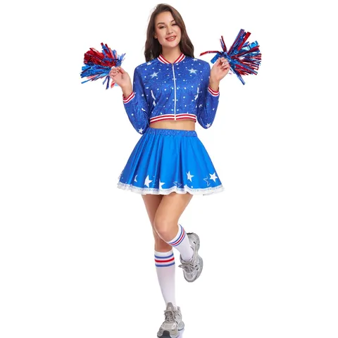 Costume de Cheerleader USA pour Femmes Imprimé Étoiles Jupe Plissée Top And Bottom pour Performance Scénique Uniforme de Cheerleading Party