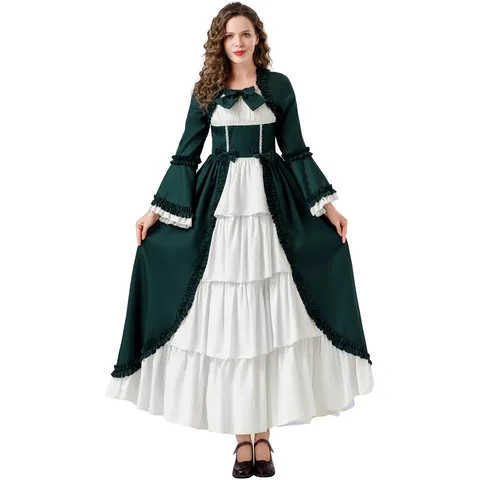 Costume de Reine Gothique du Palais Médiéval pour Femmes Robe Lolita Vintage Manches Évasées Longues Volants Robe Maxi à Étages pour Cosplay d'Halloween