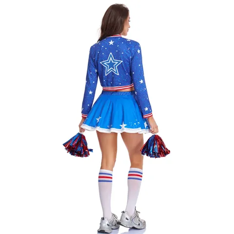 Costume de Cheerleader USA pour Femmes Imprimé Étoiles Jupe Plissée Top And Bottom pour Performance Scénique Uniforme de Cheerleading Party