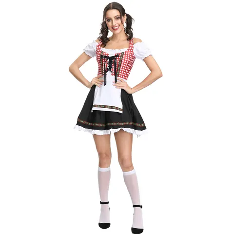 Robe Dirndl Bavaroise pour Femmes Costume de la Fête de la Bière de Munich Allemand Plaid Rouge Tenue pour Performance Fête Cosplay