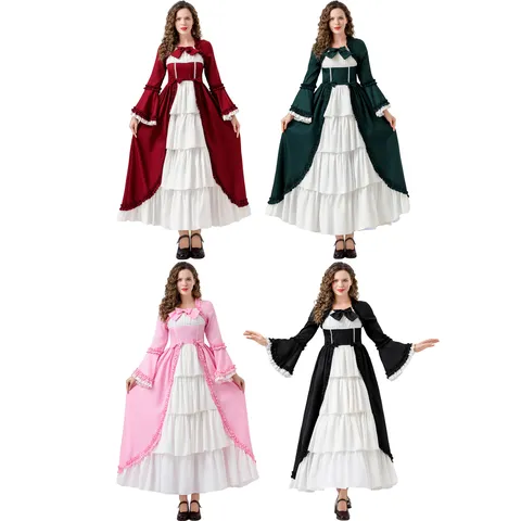 Costume de Reine Gothique du Palais Médiéval pour Femmes Robe Lolita Vintage Manches Évasées Longues Volants Robe Maxi à Étages pour Cosplay d'Halloween