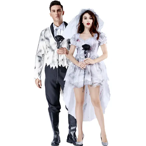 Halloween Geist Braut Bräutigam Kostüm Set Böser Vampir Zombie Cosplay Outfit Grau Bedrucktes Kleid Für Damen Herren Party