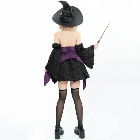Women Gothic Punk Witch Halloween Costume Set Off Shoulder Halter Dress With Witch Hat Sleeves For Party Role Play