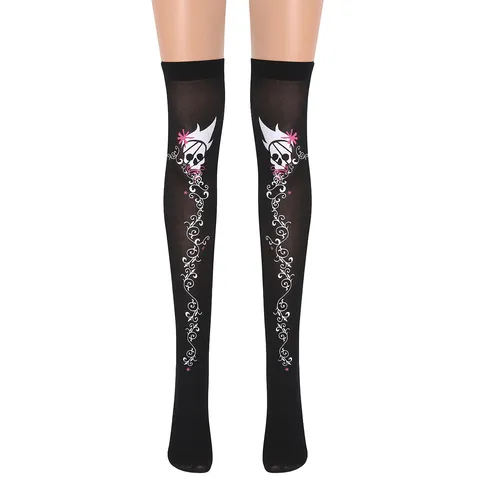 Calze Autoreggenti da Donna Con Motivo a Teschio di Halloween Gotico Jacquard Nere Parigine per Festa in Maschera Collant Modellanti