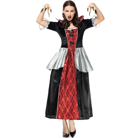Halloween Vampire Queen Costume Women Medieval Gothic Palace Dress Cosplay Party Fancy Dress Black Red Lace Velvet Gown