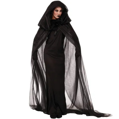 Vrouwen Gothic Zwarte Heks Vampier Halloween Cosplay Kostuum Capuchon Mantel Sluier Jurk Set Volwassen Fantasie Feestkleding
