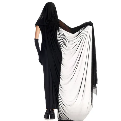 Vrouwen Gothic Zwarte Heks Vampier Halloween Cosplay Kostuum Capuchon Mantel Sluier Jurk Set Volwassen Fantasie Feestkleding
