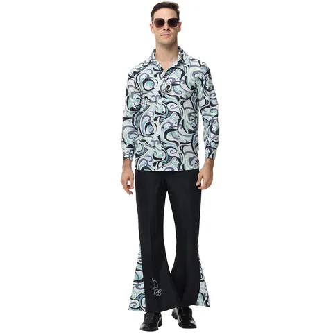 70s Retro Disco Costume For Men Hippie Psychedelic Printed Top And Bottom Performance Outfit Music Festival Carnival Party Wear