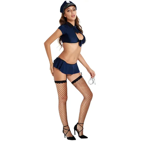 Costume de Cosplay de Policière Sexy pour Femme Haut Court Bleu Foncé Et Minijupe en Polyester Lingerie Uniforme Avec Chapeau