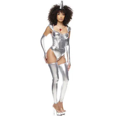 Women's Wizard of Oz Tin Man Cosplay Costume Silver Metallic PU Patent Leather Space Warrior Set For Halloween Party Performance