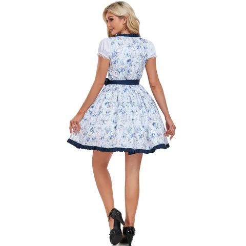 Women German Oktoberfest Costume Bavarian Dirndl Dress Set Includes White Blouse Floral Dress And Navy Apron Maid Outfit For Halloween Stage Performance