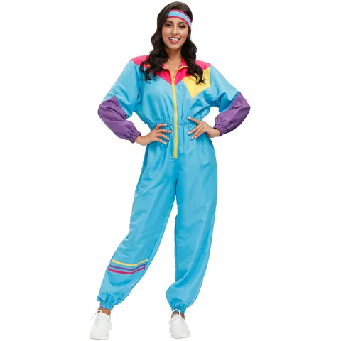 Women's Retro 70s 80s Disco Jumpsuit Costume Color Block Hip Hop Ski Suit Style Party Outfit With Headband Performance Wear