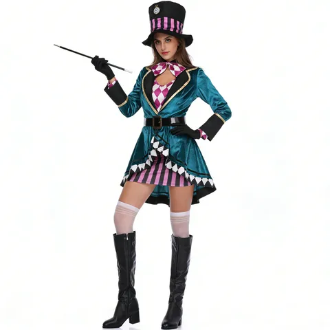 Ensemble de Costume Chapelier Fou Pour Femmes Tenue de Cosplay Alice Au Pays Des Merveilles Veste en Velours Robe Rayée Et Chapeau