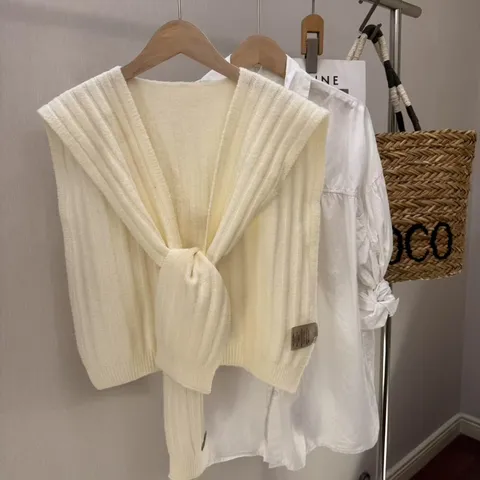 Koreaans Stijl Wolmix Gebreide Sjaal Winter Warm Nep Kraag Casual Kruis Strik Sjaal Elegante Vrouwen Mode Cape