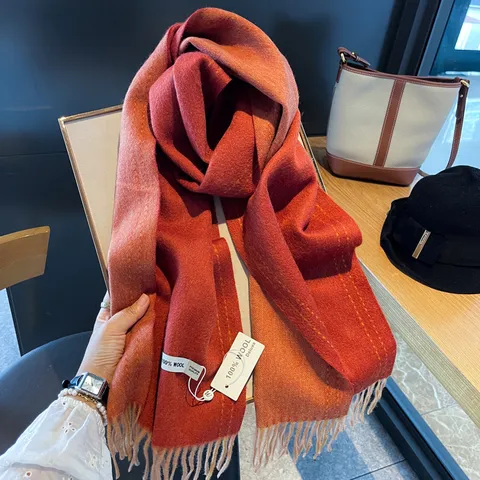 Winter Vintage Wool Scarf Women Double Sided Two Tone Long Tassel Warm Couple Neck Scarf Cashmere Feel Shawl