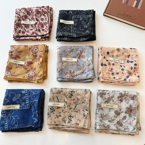 Frans Literair Retro Vierkante Sjaal Voor Dames Elegante Bloemenprint Polyester Veelzijdige Hoofdsjaal Halsdoek