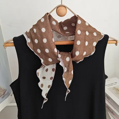 Retro Polka Dot Pure Cotton Triangle Scarf Women Literary Plaid Double Sided Decorative Neck Scarf Head Band