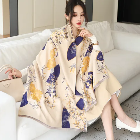 Winter Warm Imitatie Kasjmier Sjaal Dames Verdikt Retro Etnische Bloemenpatroon Sjaal Veelzijdige Mode Lange Wikkel