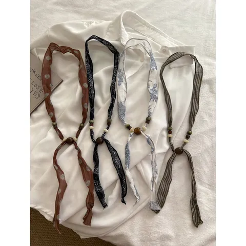 Retro Literair Linnen Lint Zijde Sjaal Ketting Voor Dames Mode Stof Houten Kraal Lange Keten Elegante Sieraad Cadeau