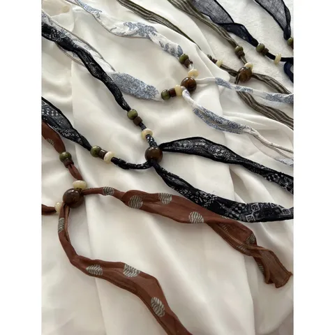 Retro Literair Linnen Lint Zijde Sjaal Ketting Voor Dames Mode Stof Houten Kraal Lange Keten Elegante Sieraad Cadeau