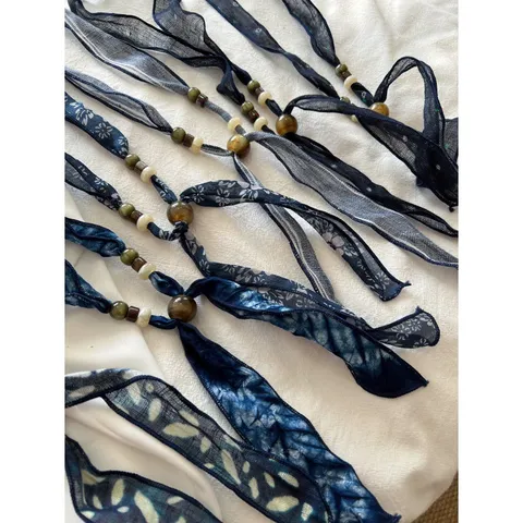 Vrouwen Literair Vintage Linnen Kraal Streamer Sjaal Ketting Blauw Tie Dye Bloemen Gestreept Mode Accessoire