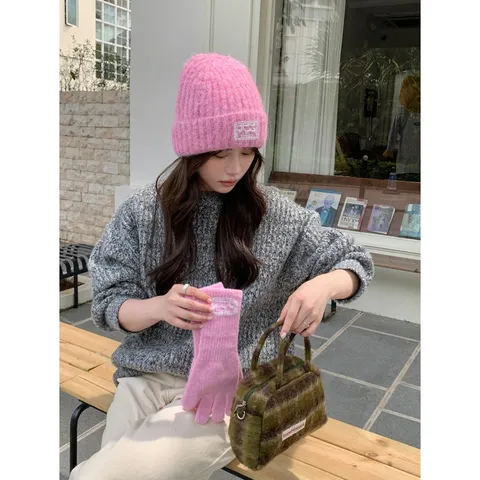 Koreaanse Stijl Herfst Winter Verdikte Warme Gebreide Muts Vrouwen Veelzijdige Effen Kleur Polyester Beanie