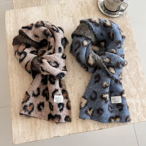 Dames Winter Warme Luipaardprint Sjaal Mode Wolmix Gebreide Lange Sjaal Casual Retro Nekwarmer Dagelijkse Accessoires
