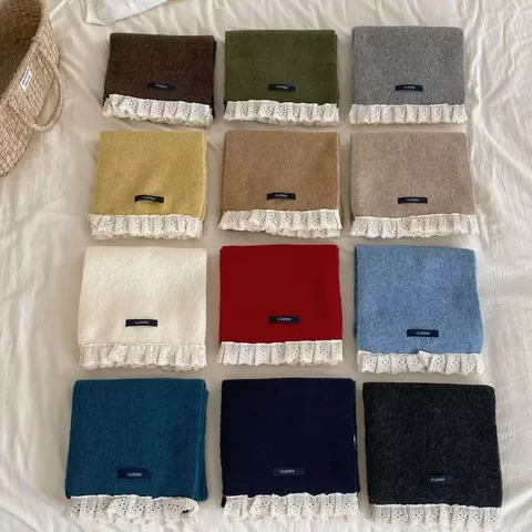 Koreaanse Stijl Effen Kleur Zoete Kant Afwerking Gebreide Sjaal Herfst Winter Warm Mode Dames Sjaal