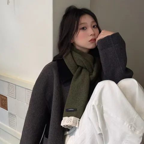Koreaanse Stijl Effen Kleur Zoete Kant Afwerking Gebreide Sjaal Herfst Winter Warm Mode Dames Sjaal