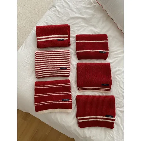 Women Winter Warm Knitted Scarf Red White Striped Cable Knit Casual Long Neck Scarf Festive Winter Accessories