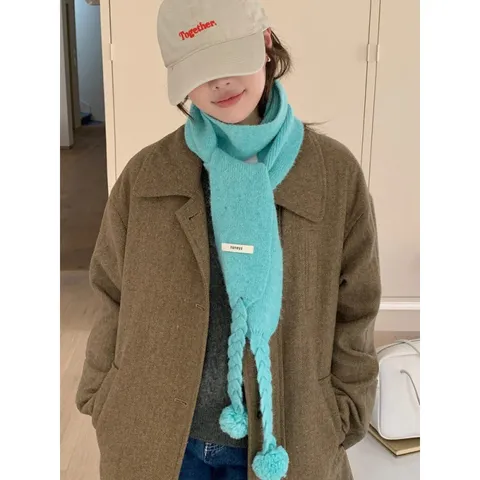 Vrouwen Winter Warm Effen Kleur Gebreid Sjaal Zoet Leuk Pompon Kabelbreisel Franje Sjaal Mode Casual Hals Sjaal