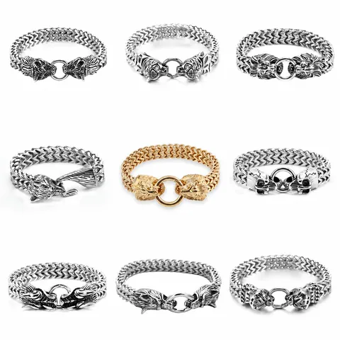 Retro Stainless Steel Wolf Tiger Lion Dragon Head Chain Bracelet Men Punk Heavy Metal Biker Wrist Jewelry