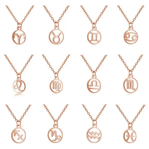 Collar Colgante de Constelación del Zodíaco de Acero Inoxidable Etiqueta Redonda Hueca Cadena Fina Joyería Minimalista para Mujeres