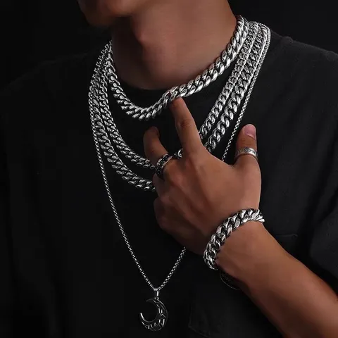 Hombres Mujeres Acero Inoxidable Cadena Cubana Collar Pulsera Hip Hop Cadena Gruesa Metal Pesado Joyería