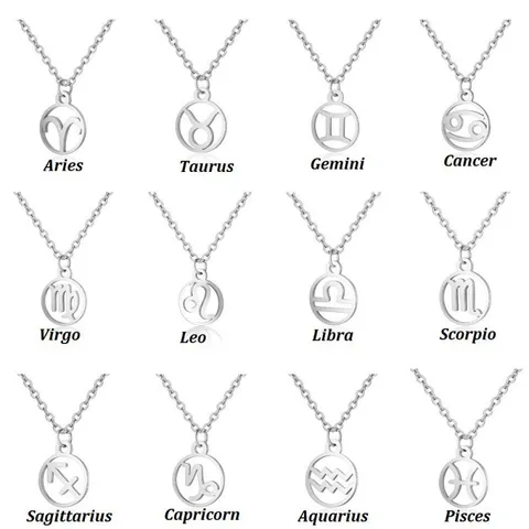 Collar Colgante de Constelación del Zodíaco de Acero Inoxidable Etiqueta Redonda Hueca Cadena Fina Joyería Minimalista para Mujeres