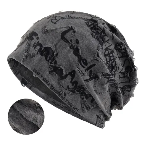 Bonnet Beanie Doublé Polaire Unisexe Mélange Coton-Polyester Impression Lettre Usé Chaud Bonnet Tricoté Chapeau d'Hiver