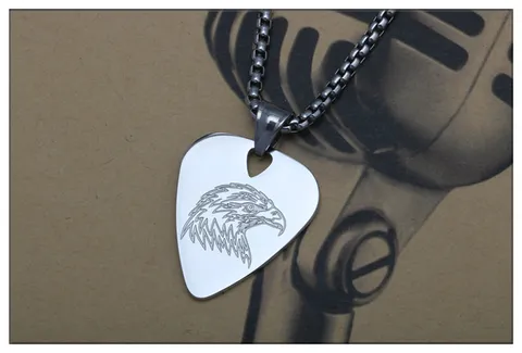 Vintage Titanium Steel Eagle Engraved Guitar Pick Pendant Necklace For Men Women Punk Rock Biker Jewelry Sweater Long Chain Gift
