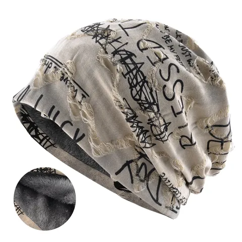 Bonnet Beanie Doublé Polaire Unisexe Mélange Coton-Polyester Impression Lettre Usé Chaud Bonnet Tricoté Chapeau d'Hiver