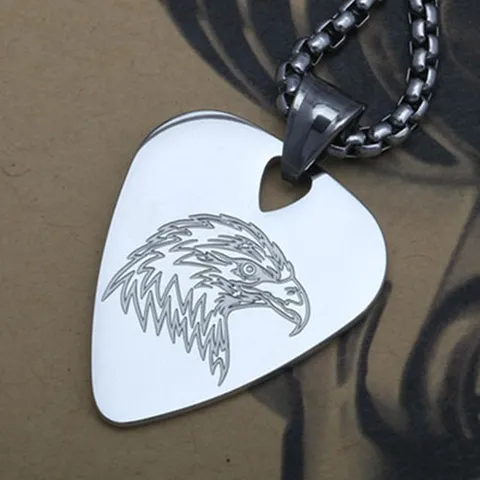 Vintage Titanium Steel Eagle Engraved Guitar Pick Pendant Necklace For Men Women Punk Rock Biker Jewelry Sweater Long Chain Gift