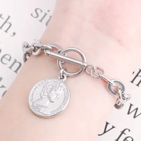 Vintage Titanium Steel Portrait Coin Pendant Bracelet for Women Men Retro Chunky Link Chain Bracelet with T-Bar Clasp Jewelry