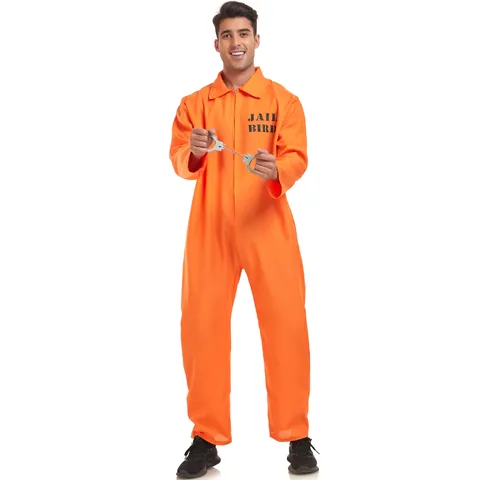 Orange Halloween Jailbird Costume Jumpsuit Men's Prisoner Role Play Outfit Stage Performance Top And Bottom Set