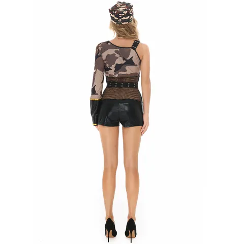 Sexy Women Pilot Aviator Captain Halloween Costume Camouflage Stage Performance Uniform Polyester Mesh PU Leather Bodysuit And Hat And Belt