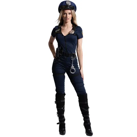 Costume d'Officier de Police Bleu Foncé pour Femme Ensemble Combinaison Sexy Coupe Ajustée Uniforme pour Halloween Cosplay Fête Avec Chapeau Ceinture Menottes