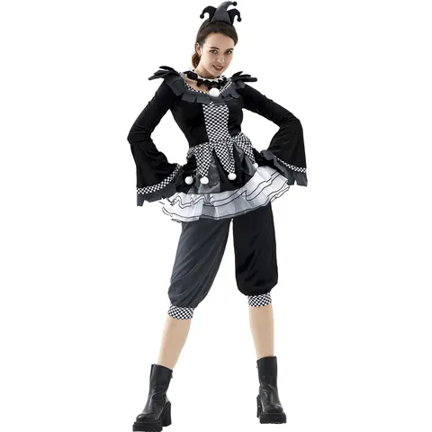 Halloween Evil Clown Costume Gothic Harlequin Top And Bottom Scary Circus Outfit For Cosplay Party Horror Jester Suit With Hat Accessory