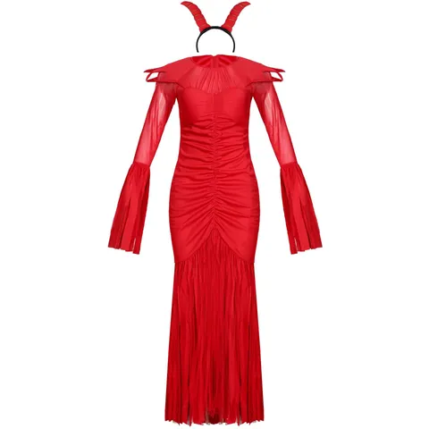 Disfraz de Bruja Diablo Rojo para Mujer Con Diadema de Cuernos Mangas Largas de Malla Vestido Con Cuello de Llama para Halloween Juego de Rol