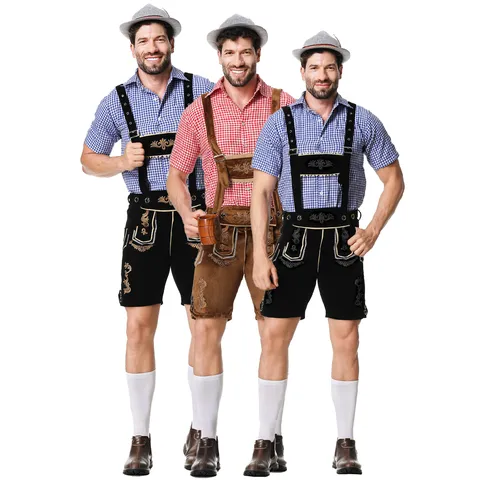 Costume Homme Bavarois Oktoberfest Traditionnel Allemand Fête de la Bière Lederhosen Brodés Chemise Vichy Ensemble Top And Bottom Fête